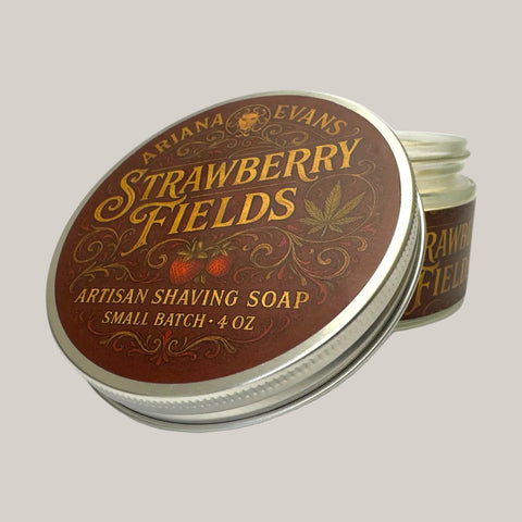 Artisan shaving soap jar with 'Strawberry Fields' label on a white background