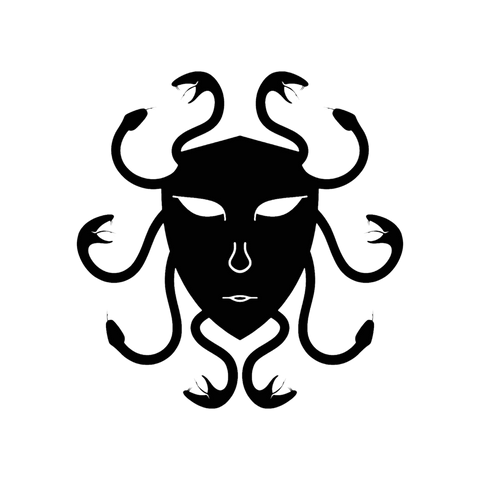 Stylized black silhouette of Medusa with snake hair, representing mythology and fascination.